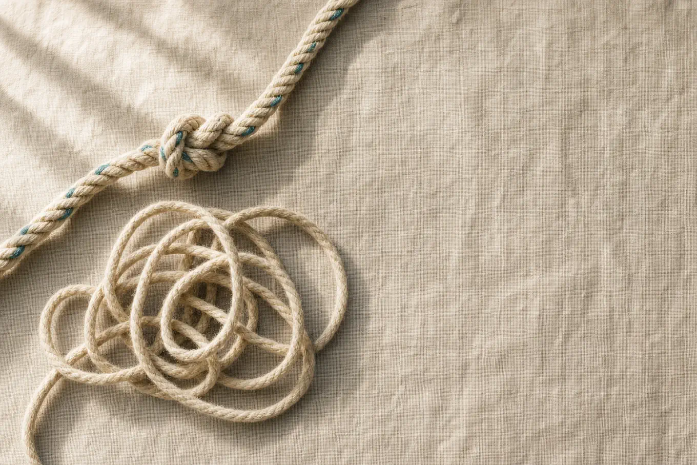 Two lengths of rope on a linen surface, one knotted and one loosely coiled