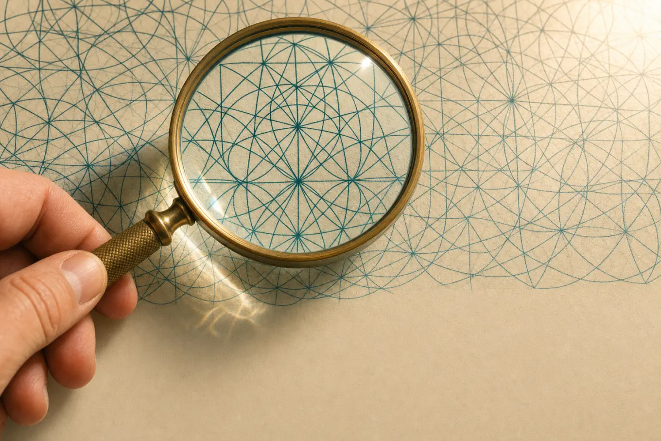 A hand holding a brass magnifying glass over a page of overlapping teal geometric line patterns
