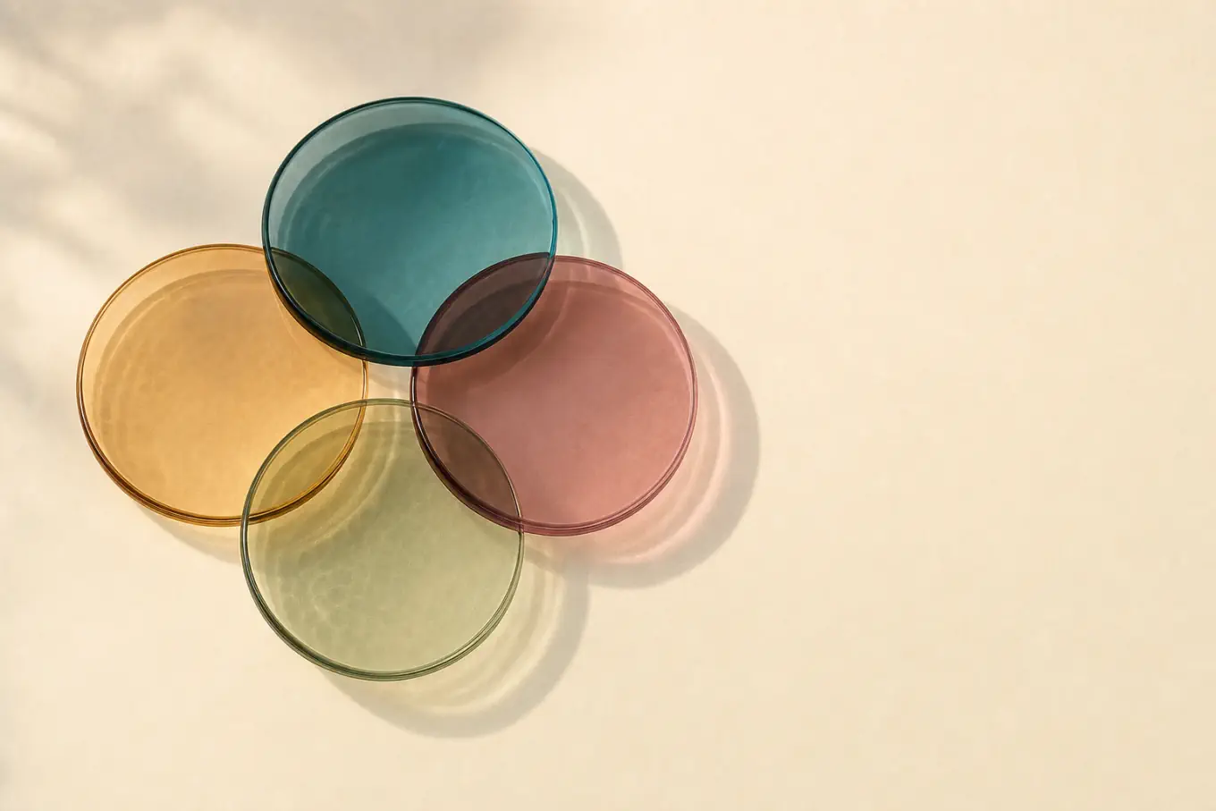 Four overlapping translucent glass discs on a warm surface